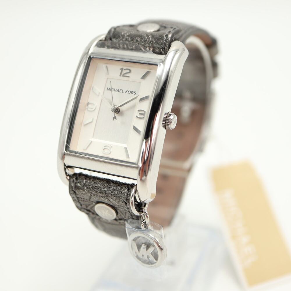 Michael Kors Emery Silver Tone 27mm Tank Womens Watch Leather NWT MK-2247